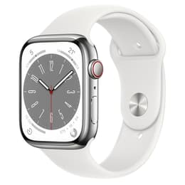 Apple Watch (Series 8) 2022 GPS + Cellular 45mm - Ανοξείδωτο ατσάλι Ασημί - Sport band Άσπρο
